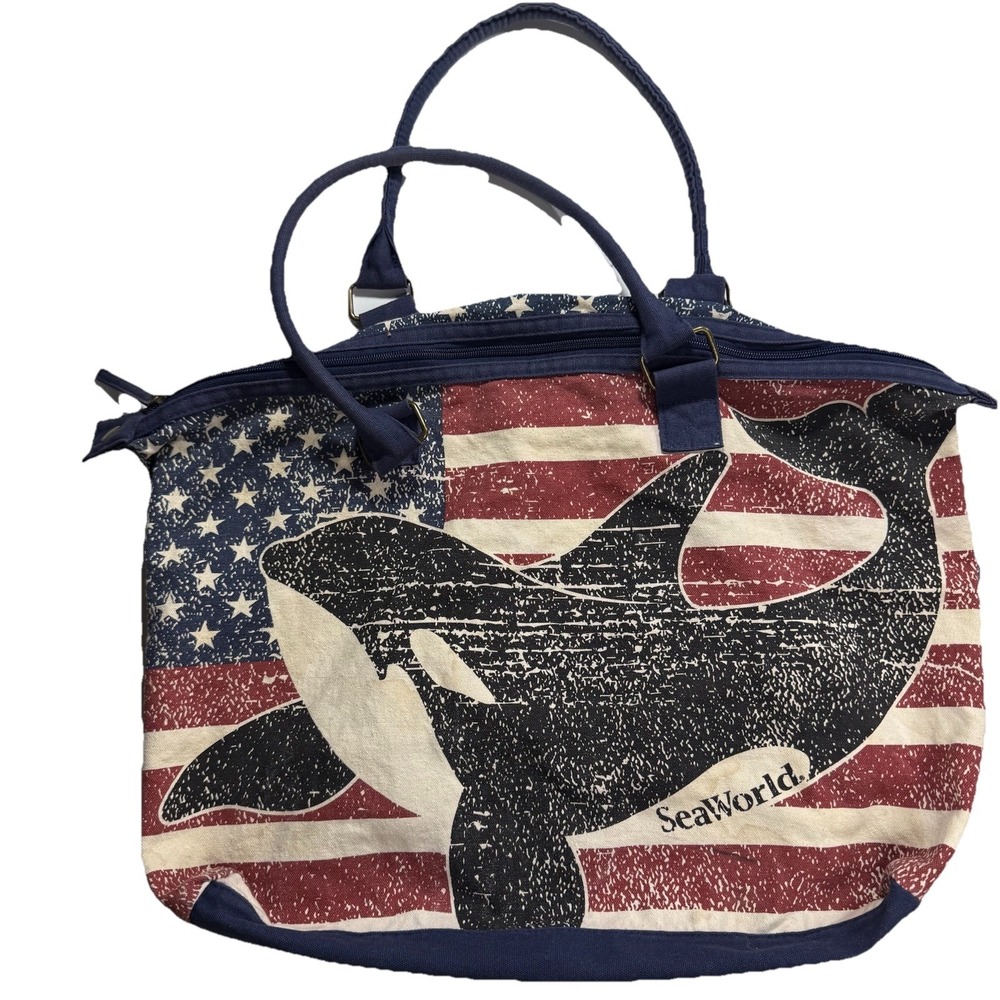 SeaWorld Shamu Stars Stripes Canvas Duffle Bag Travel Tote American Flag Whale